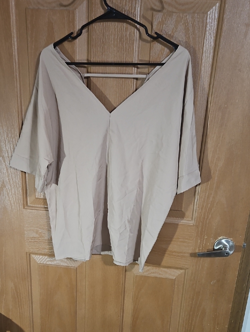 Relaxed V-Neck Boxy Tunic Top in Light Beige